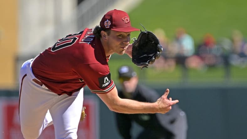 Feb 27, 2023; Salt River Pima-Maricopa, Arizona, USA;   Arizona Diamondbacks starting pitcher Brandon Pfaadt (90) throws to the plate in the second inning of a spring training game against the Arizona Diamondbacks at Salt River Fields at Talking Stick. Mandatory Credit: Jayne Kamin-Oncea-USA TODAY Sports