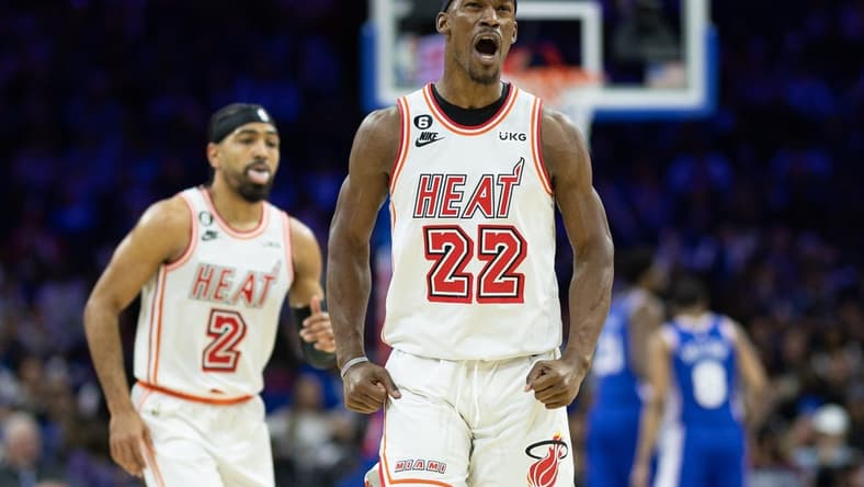 Feb 27, 2023; Philadelphia, Pennsylvania, USA; Miami Heat forward Jimmy Butler (22) reacts after regaining ball control against the Philadelphia 76ers during the third quarter at Wells Fargo Center. Mandatory Credit: Bill Streicher-USA TODAY Sports
