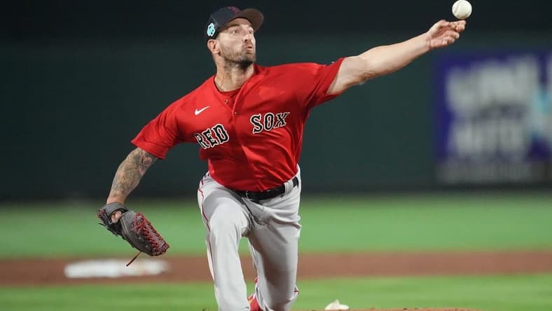 Feb 28, 2023; Jupiter, Florida, USA; Boston Red Sox pitcher Ryan Sherriff (71) pitches against the Miami Marlins in the fourth inning at Roger Dean Stadium. Mandatory Credit: Jim Rassol-USA TODAY Sports