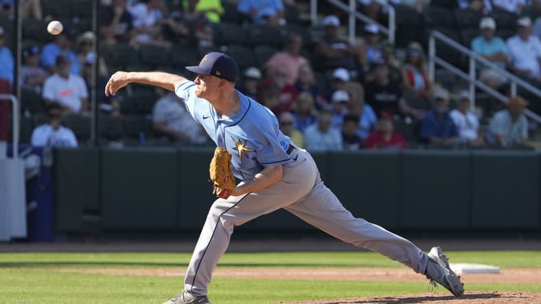 Mar 1, 2023; North Port, Florida, USA; Tampa Bay Rays relief pitcher Zack Burdi (91) throws a pitch in the ninth inning at CoolToday Park. Mandatory Credit: Dave Nelson-USA TODAY Sports