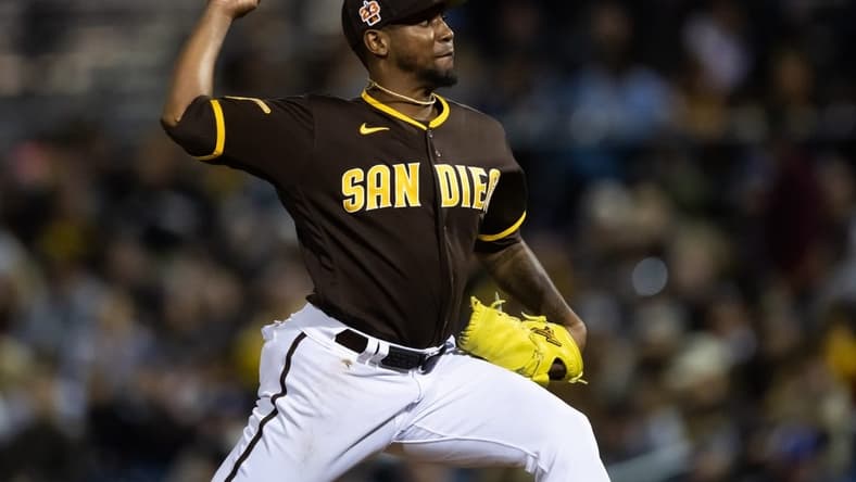 Mar 3, 2023; Peoria, Arizona, USA; San Diego Padres pitcher Julio Teheran against the Chicago Cubs during a spring training game at Peoria Sports Complex. Mandatory Credit: Mark J. Rebilas-USA TODAY Sports