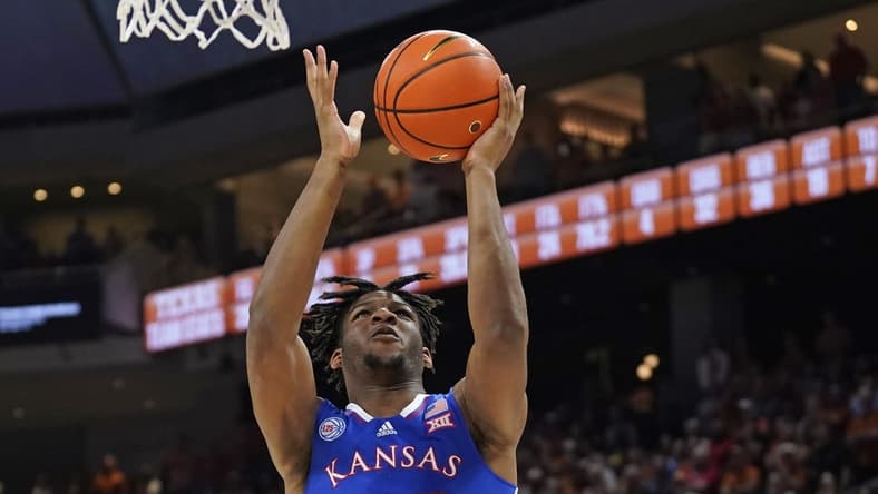 Feb 21, 2023; Austin, Texas, USA; Kansas Jayhawks forward Zuby Ejiofor (35) attempts a layup during the second half against the Texas Longhorns at Moody Center. Mandatory Credit: Scott Wachter-USA TODAY Sports