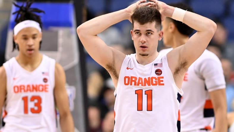 Mar 8, 2023; Greensboro, NC, USA; Syracuse Orange guard Joseph Girard III (11) reacts in the second half of the second round at Greensboro Coliseum. Mandatory Credit: Bob Donnan-USA TODAY Sports