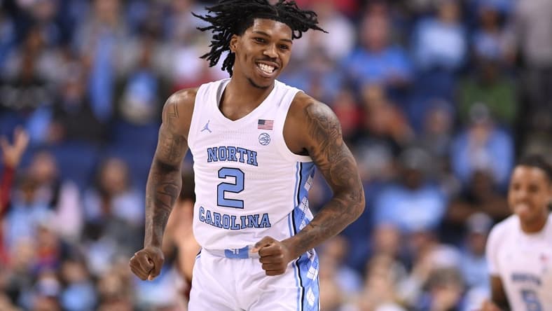 Mar 8, 2023; Greensboro, NC, USA; North Carolina Tar Heels guard Caleb Love (2) reacts in the first half of the second round at Greensboro Coliseum. Mandatory Credit: Bob Donnan-USA TODAY Sports