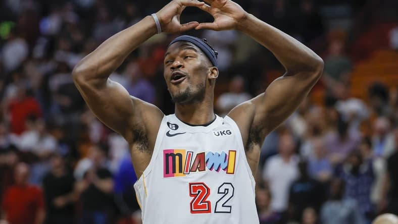 Mar 8, 2023; Miami, Florida, USA; Miami Heat forward Jimmy Butler (22) reacts to a play during the fourth quarter against the Cleveland Cavaliers at Miami-Dade Arena. Mandatory Credit: Sam Navarro-USA TODAY Sports