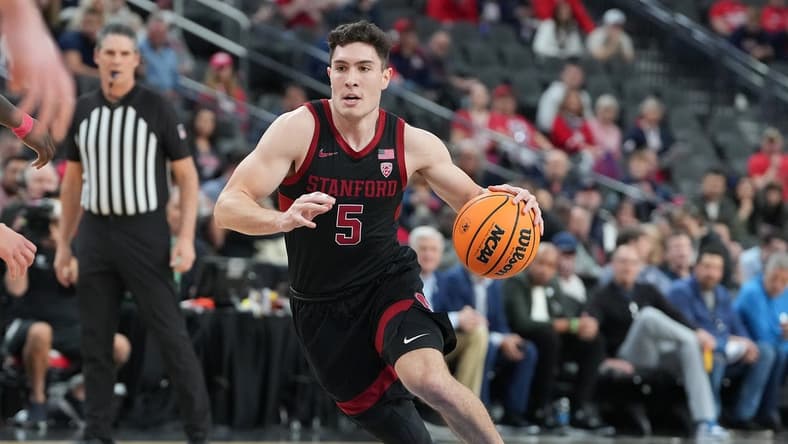 Mar 9, 2023; Las Vegas, NV, USA; Stanford Cardinal guard Michael O'Connell (5) dribbles against the Arizona Wild Cats during the first half at T-Mobile Arena. Mandatory Credit: Stephen R. Sylvanie-USA TODAY Sports