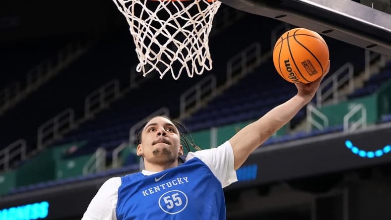 Mar 16, 2023; Greensboro, NC, USA; Kentucky Wildcats forward Lance Ware (55) during a practice at Greensboro Coliseum. Mandatory Credit: Bob Donnan-USA TODAY Sports