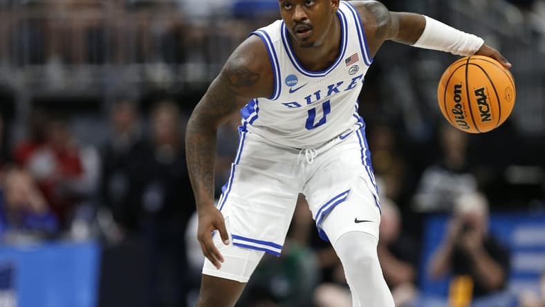 Mar 16, 2023; Orlando, FL, USA; Duke Blue Devils forward Dariq Whitehead (0) dribbles the ball during the second half against the Oral Roberts Golden Eagles at Amway Center. Mandatory Credit: Russell Lansford-USA TODAY Sports