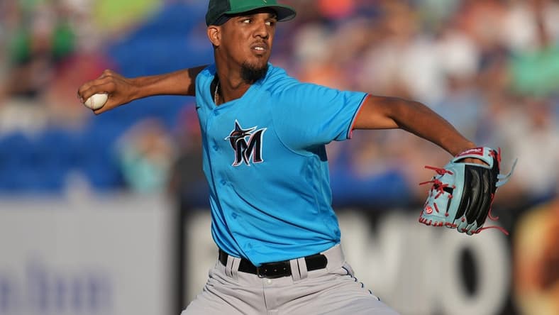 Mar 17, 2023; Port St. Lucie, Florida, USA; Miami Marlins pitcher Eury Perez (76) pitches against the New York Mets in the first inning at Clover Park. Mandatory Credit: Jim Rassol-USA TODAY Sports