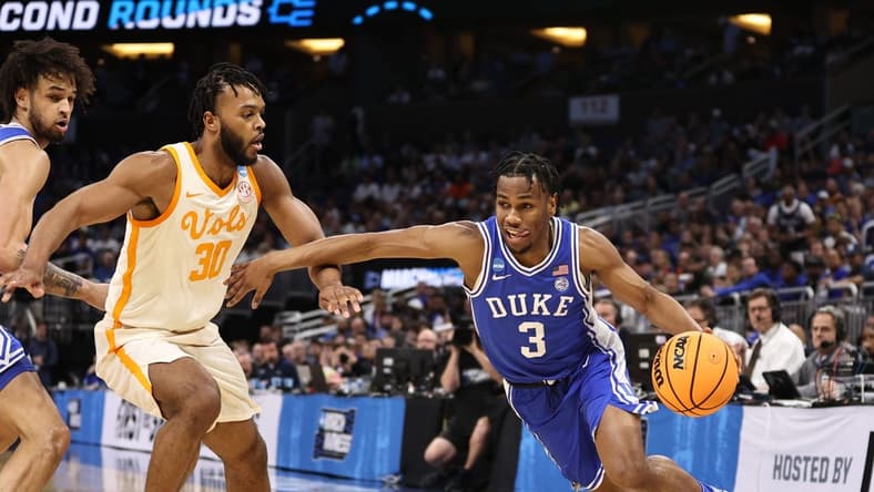 Mar 18, 2023; Orlando, FL, USA;  Duke Blue Devils guard Jeremy Roach (3) drives against Tennessee Volunteers guard Josiah-Jordan James (30) during the first half in the second round of the 2023 NCAA Tournament at Legacy Arena. Mandatory Credit: Matt Pendleton-USA TODAY Sports
