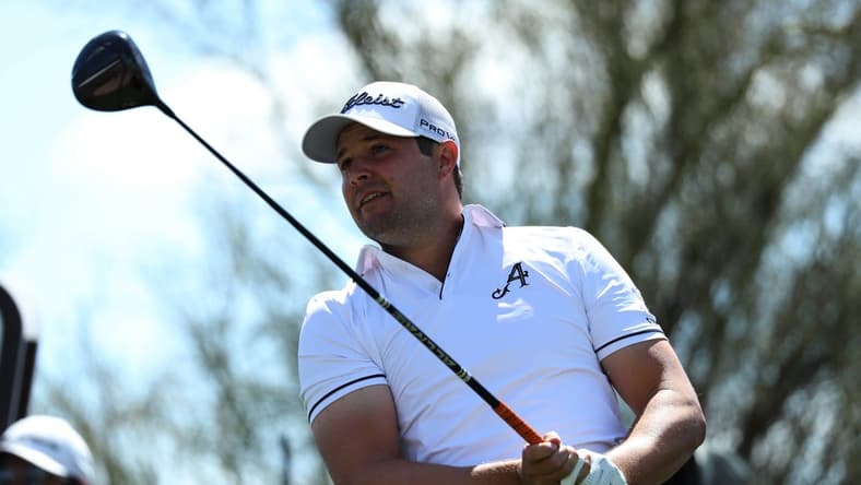 Mar 18, 2023; Tucson, Arizona, USA; Peter Uihlein tees off on the 10th hole during the second round of the LIV Golf event at The Gallery Golf Club. Mandatory Credit: Zachary BonDurant-USA TODAY Sports