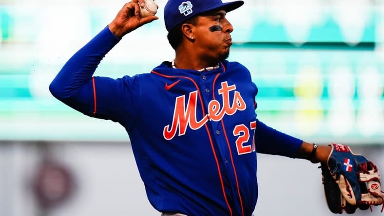 Mar 18, 2023; West Palm Beach, Florida, USA; New York Mets third baseman Mark Vientos (27) throws the ball to first base against the Houston Astros during the second inning at The Ballpark of the Palm Beaches. Mandatory Credit: Rich Storry-USA TODAY Sports