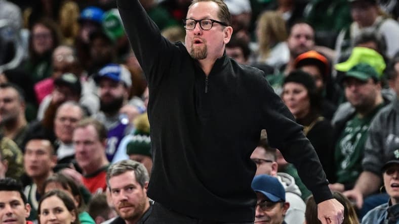 Mar 19, 2023; Milwaukee, Wisconsin, USA; Toronto Raptors head coach Nick Nurse calls a play in the third quarter during game against the Milwaukee Bucks at Fiserv Forum. Mandatory Credit: Benny Sieu-USA TODAY Sports