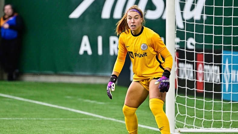Mar 18, 2023; Portland, Oregon, USA; Racing Louisville goalkeeper Jordyn Bloomer (24) against Racing Louisville at Providence Park. Mandatory Credit: Troy Wayrynen-USA TODAY Sports