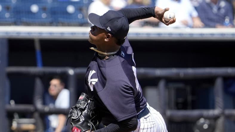 Mar 21, 2023; Tampa, Florida, USA; New York Yankees starting pitcher Luis Severino (40) throws a pitch against the Detroit Tigers during the first inning at George M. Steinbrenner Field. Mandatory Credit: Dave Nelson-USA TODAY Sports