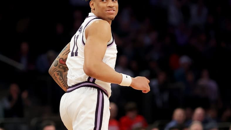 Mar 23, 2023; New York, NY, USA; Kansas State Wildcats forward Keyontae Johnson (11) reacts during the first half against the Michigan State Spartans at Madison Square Garden. Mandatory Credit: Brad Penner-USA TODAY Sports