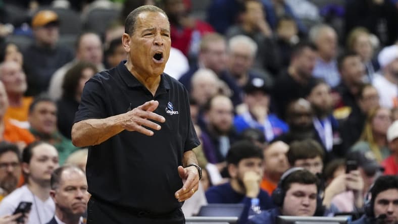 Mar 24, 2023; Kansas City, MO, USA; Houston Cougars head coach Kelvin Sampson reacts during the first half of an NCAA tournament Midwest Regional semifinal against the Miami Hurricanes at T-Mobile Center. Mandatory Credit: Jay Biggerstaff-USA TODAY Sports