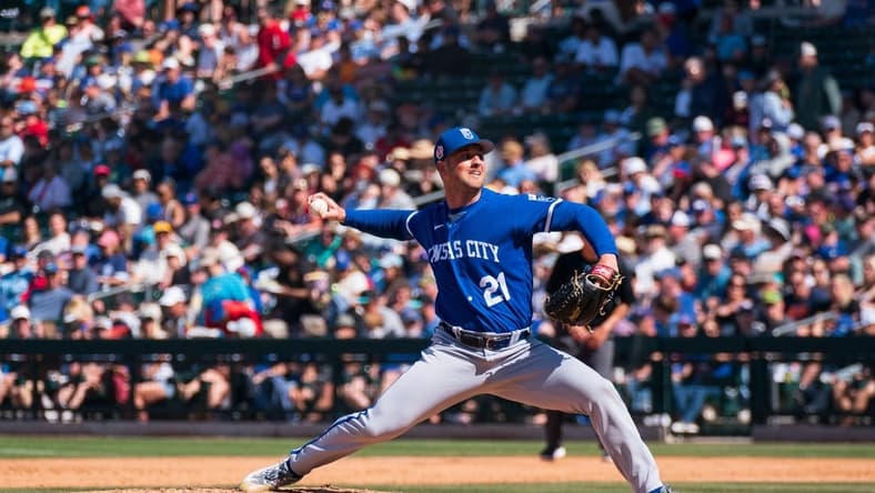 Mar 26, 2023; Mesa, Arizona, USA; Kansas City pitcher Mike Mayers (21) on the mound in the sixth inning during a spring training game against the Chicago Cubs at Sloan Park. Mandatory Credit: Allan Henry-USA TODAY Sports