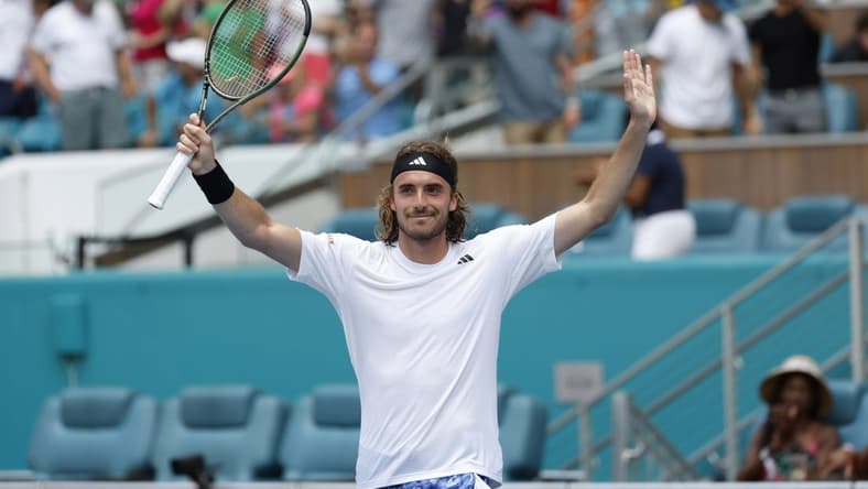 Mar 27, 2023; Miami, Florida, US; Stefanos Tsitsipas (GRE) celebrates after his match against Cristian Garin (CHI) (not pictured) on day eight of the Miami Open at Hard Rock Stadium. Mandatory Credit: Geoff Burke-USA TODAY Sports