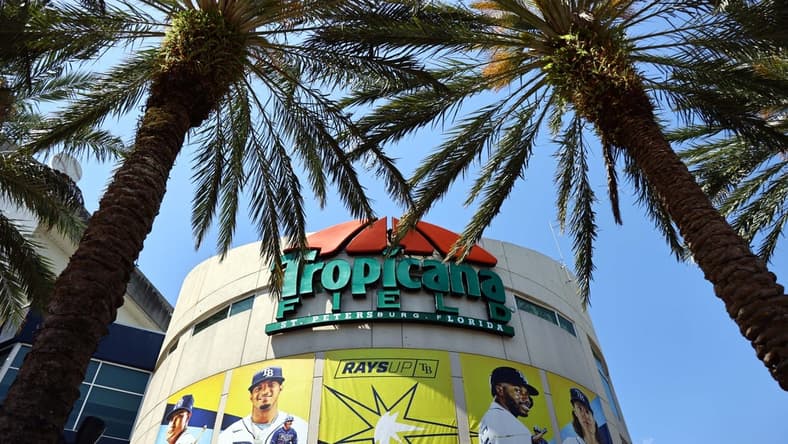 Mar 30, 2023; St. Petersburg, Florida, USA;  A general view of the outside of Tropicana Field on opening day between the  Tampa Bay Rays and against the Detroit Tigers. Mandatory Credit: Kim Klement-USA TODAY Sports