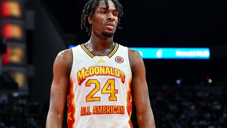 Mar 28, 2023; Houston, TX, USA; McDonald's All American East forward Mackenzie Mgbako (24) stands on the court during the first half against the McDonald's All American West at Toyota Center. Mandatory Credit: Maria Lysaker-USA TODAY Sports
