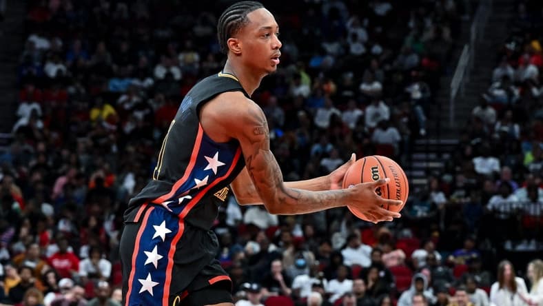 Mar 28, 2023; Houston, TX, USA; McDonald's All American West forward Ron Holland (1) in action during the first half against the McDonald's All American East at Toyota Center. Mandatory Credit: Maria Lysaker-USA TODAY Sports