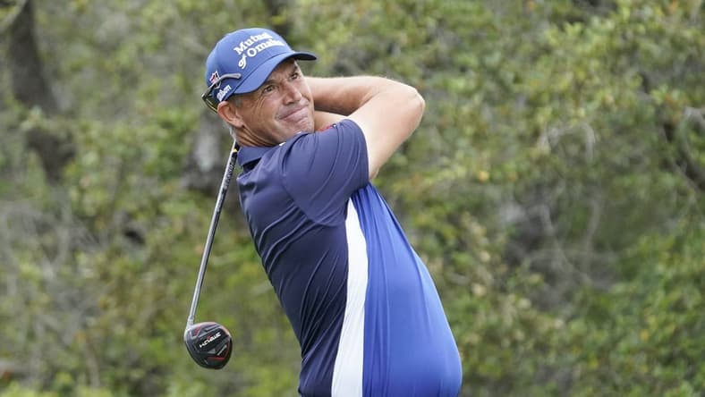 Apr 2, 2023; San Antonio, Texas, USA; Padraig Harrington plays his shot from the first tee during the final round of the Valero Texas Open golf tournament at TPC San Antonio. Mandatory Credit: Raymond Carlin III-USA TODAY Sports