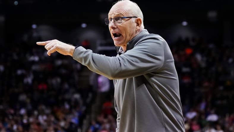 Mar 26, 2023; Kansas City, MO, USA; Miami (Fl) Hurricanes head coach Jim Larranaga reacts during the first half of an Elite 8 college basketball game in the Midwest Regional of the 2023 NCAA Tournament against the Texas Longhorns at T-Mobile Center. Mandatory Credit: Jay Biggerstaff-USA TODAY Sports