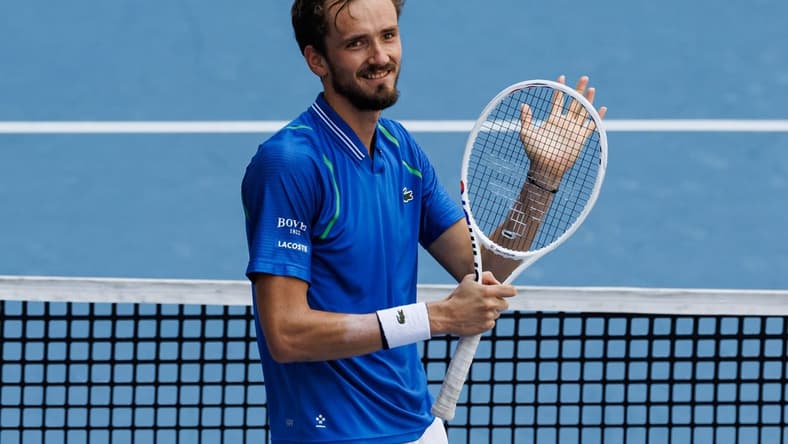 Apr 2, 2023; Miami, Florida, US; Daniil Medvedev celebrates his victory over Jannik Sinner (ITA) (not pictured) in the men s singles final of the Miami Open at Hard Rock Stadium. Mandatory Credit: Mike Frey-USA TODAY Sports