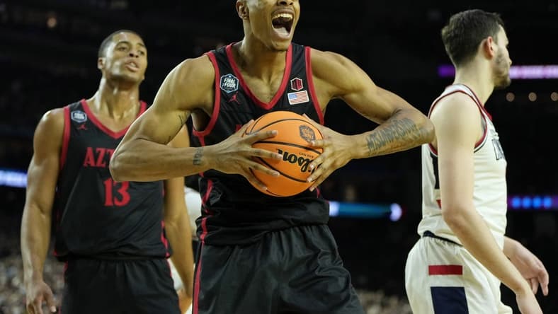 Apr 3, 2023; Houston, TX, USA; San Diego State Aztecs forward Keshad Johnson (0) reacts after a play against the Connecticut Huskies during the second half in the national championship game of the 2023 NCAA Tournament at NRG Stadium. Mandatory Credit: Bob Donnan-USA TODAY Sports