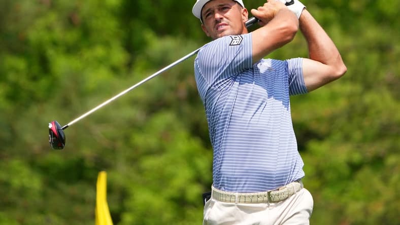 Apr 6, 2023; Augusta, Georgia, USA; Bryson DeChambeau tees off on the fifth hole during the first round of The Masters golf tournament. Mandatory Credit: Kyle Terada-USA TODAY Network