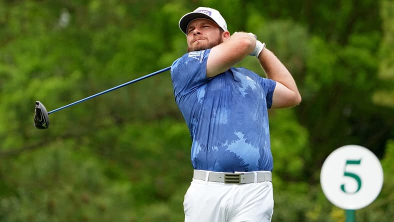 Apr 6, 2023; Augusta, Georgia, USA; Tyrrell Hatton tees off on the fifth hole during the first round of The Masters golf tournament. Mandatory Credit: Kyle Terada-USA TODAY Network