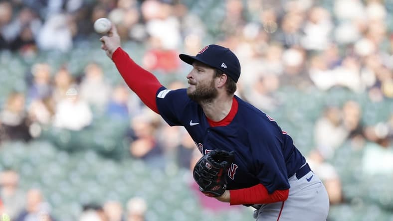 Apr 8, 2023; Detroit, Michigan, USA;  Boston Red Sox relief pitcher Ryan Brasier (70) pitches in the ninth inning against the Detroit Tigers at Comerica Park. Mandatory Credit: Rick Osentoski-USA TODAY Sports