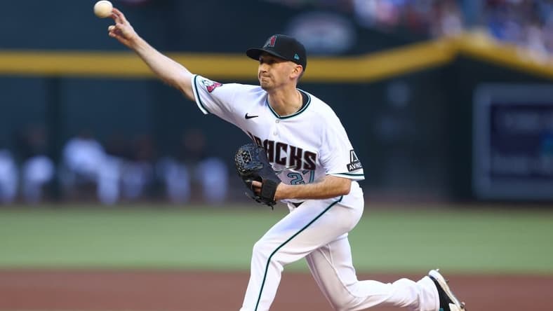 Apr 8, 2023; Phoenix, Arizona, USA; Arizona Diamondbacks pitcher Zach Davies in the first inning against the Los Angeles Dodgers at Chase Field. Mandatory Credit: Mark J. Rebilas-USA TODAY Sports
