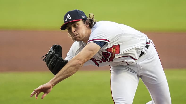 Apr 9, 2023; Cumberland, Georgia, USA; Atlanta Braves starting pitcher Dylan Dodd (46) pitches against the San Diego Padres during the first inning at Truist Park. Mandatory Credit: Dale Zanine-USA TODAY Sports