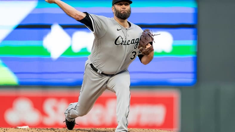 Apr 11, 2023; Minneapolis, Minnesota, USA; Chicago White Sox starting pitcher Lance Lynn (33) pitches against the Minnesota Twins at Target Field. Mandatory Credit: Matt Blewett-USA TODAY Sports