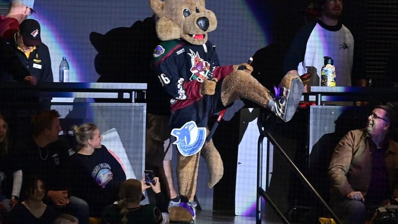 Arizona Coyotes mascot Howler breaks a Vancouver Canucks stick over his leg in the first period at Mullett Arena. Mandatory Credit: Matt Kartozian-USA TODAY Sports