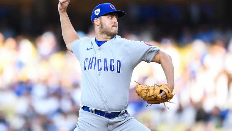 Apr 15, 2023; Los Angeles, California, USA; Chicago Cubs starting pitcher Jameson Taillon throws a pitch against Los Angeles Dodgers during the first inning at Dodger Stadium. Mandatory Credit: Jonathan Hui-USA TODAY Sports