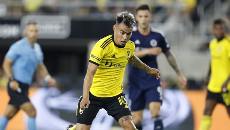 Apr 15, 2023; Columbus, Ohio, USA;  Columbus Crew midfielder Lucas Zelarayan (10) dribbles during the second half against the New England Revolution at Lower.com Field. Mandatory Credit: Joseph Maiorana-USA TODAY Sports