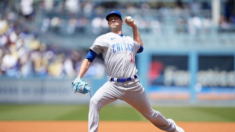 Apr 16, 2023; Los Angeles, California, USA; Chicago Cubs pitcher Drew Smyly (11) throws in the first inning against the Los Angeles Dodgers at Dodger Stadium. Mandatory Credit: Kirby Lee-USA TODAY Sports
