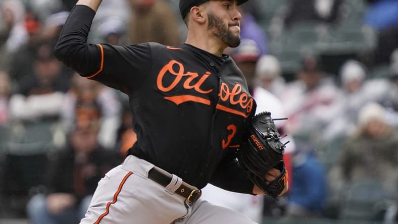 Apr 16, 2023; Chicago, Illinois, USA; Baltimore Orioles starting pitcher Grayson Rodriguez (30) throws the ball against the Chicago White Sox during the first inning at Guaranteed Rate Field. Mandatory Credit: David Banks-USA TODAY Sports