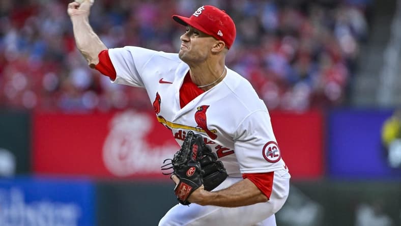 Apr 17, 2023; St. Louis, Missouri, USA;  St. Louis Cardinals starting pitcher Jack Flaherty (22) pitches against the Arizona Diamondbacks during the second inning at Busch Stadium. Mandatory Credit: Jeff Curry-USA TODAY Sports