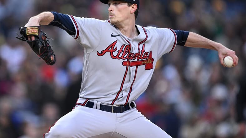 Apr 17, 2023; San Diego, California, USA; Atlanta Braves starting pitcher Max Fried (54) throws a pitch against the San Diego Padres during the first inning at Petco Park. Mandatory Credit: Orlando Ramirez-USA TODAY Sports