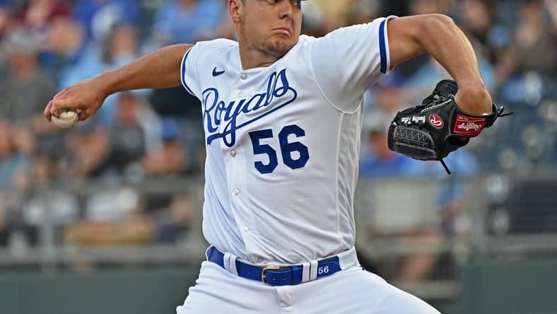 Apr 18, 2023; Kansas City, Missouri, USA;  Kansas City Royals starting pitcher Brad Keller (56) delivers a pitch during the first inning against the Texas Rangers at Kauffman Stadium. Mandatory Credit: Peter Aiken-USA TODAY Sports