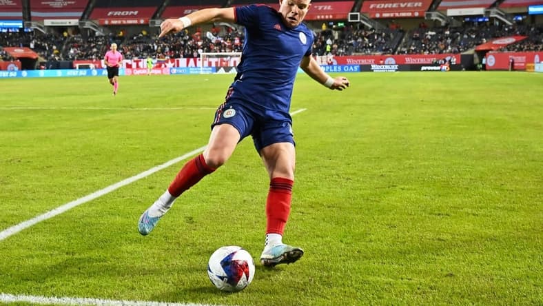 Apr 8, 2023; Chicago, Illinois, USA;  Chicago Fire FC forward Chris Mueller (8) controls the ball against Minnesota United at Soldier Field. Mandatory Credit: Jamie Sabau-USA TODAY Sports