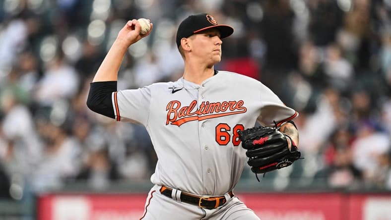 Apr 14, 2023; Chicago, Illinois, USA;  Baltimore Orioles pitcher Tyler Wells (68) pitches against the Chicago White Sox at Guaranteed Rate Field. Mandatory Credit: Jamie Sabau-USA TODAY Sports