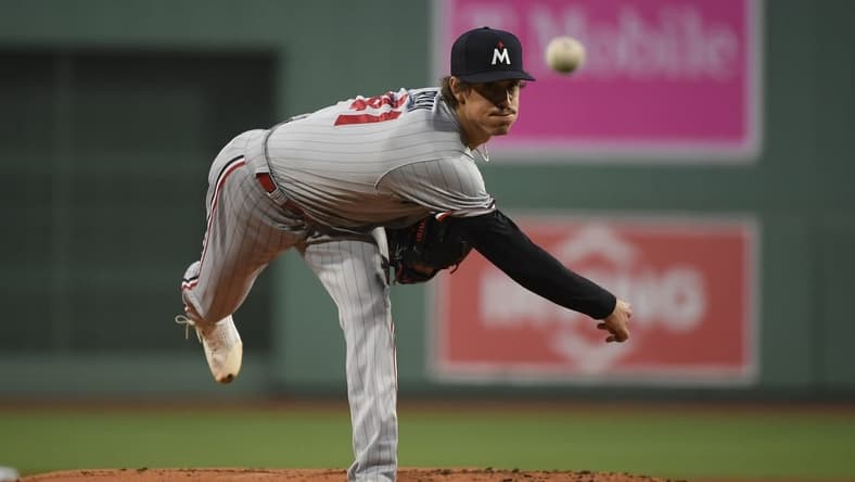 Apr 19, 2023; Boston, Massachusetts, USA;  Minnesota Twins starting pitcher Joe Ryan (41) pitches during the first inning against the Boston Red Sox at Fenway Park. Mandatory Credit: Bob DeChiara-USA TODAY Sports