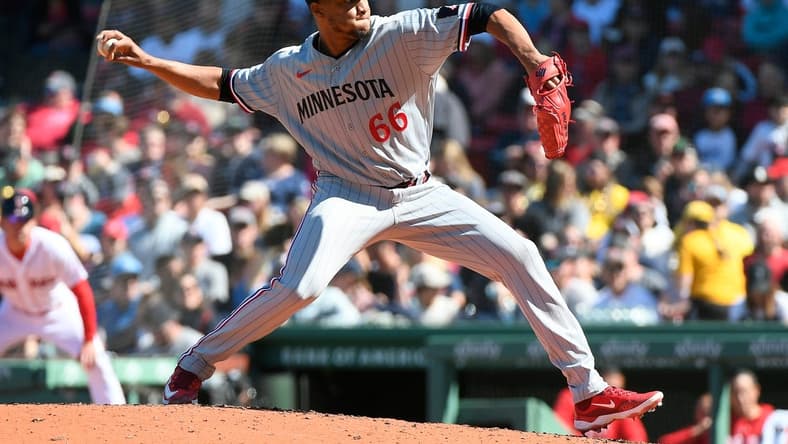 Apr 20, 2023; Boston, Massachusetts, USA; Minnesota Twins relief pitcher Jorge Alcala (66) throws against the Boston Red Sox during the fifth inning at Fenway Park. Mandatory Credit: Eric Canha-USA TODAY Sports