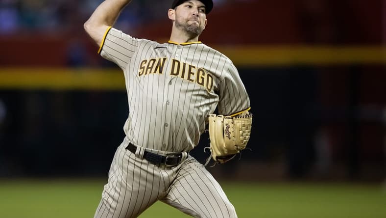 Apr 20, 2023; Phoenix, Arizona, USA; San Diego Padres pitcher Michael Wacha in the fourth inning against the Arizona Diamondbacks at Chase Field. Mandatory Credit: Mark J. Rebilas-USA TODAY Sports