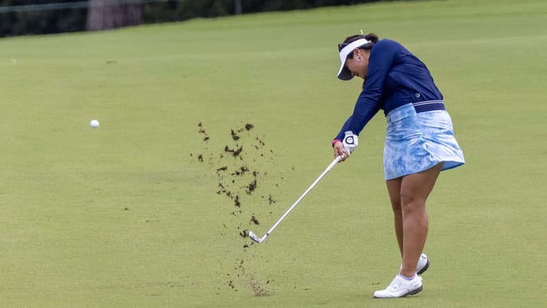 Apr 21, 2023; The Woodlands, Texas, USA; Lilia Vu (USA) hits her fairway shot on the ninth hole during the second round of The Chevron Championship golf tournament. Mandatory Credit: Thomas Shea-USA TODAY Sports